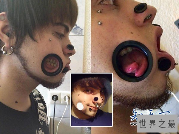 脸部拥有最多人肉隧道的人,舌头牙齿清晰可见(恐怖)